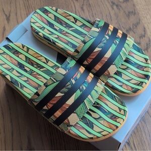NIB FARM Rio Striped Floral Multicolor Adidas Collab Slide Sandals Women's 7